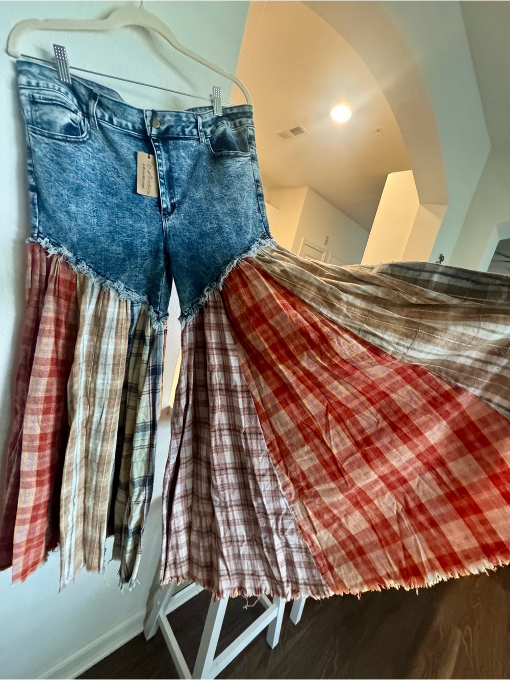 Boho Denim Patchwork pants with Plaid Ruffle - Picture 6 of 7